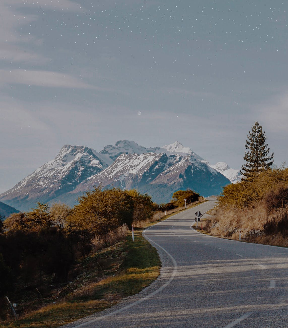 road between trees near snow capped mountains